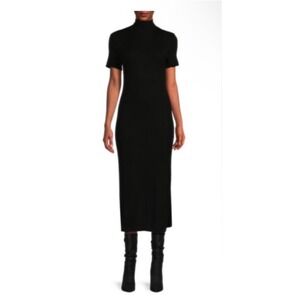 Staud Lilou Black Ribbed Knit Dress Mock Neck Short Sleeve Womens Size Large